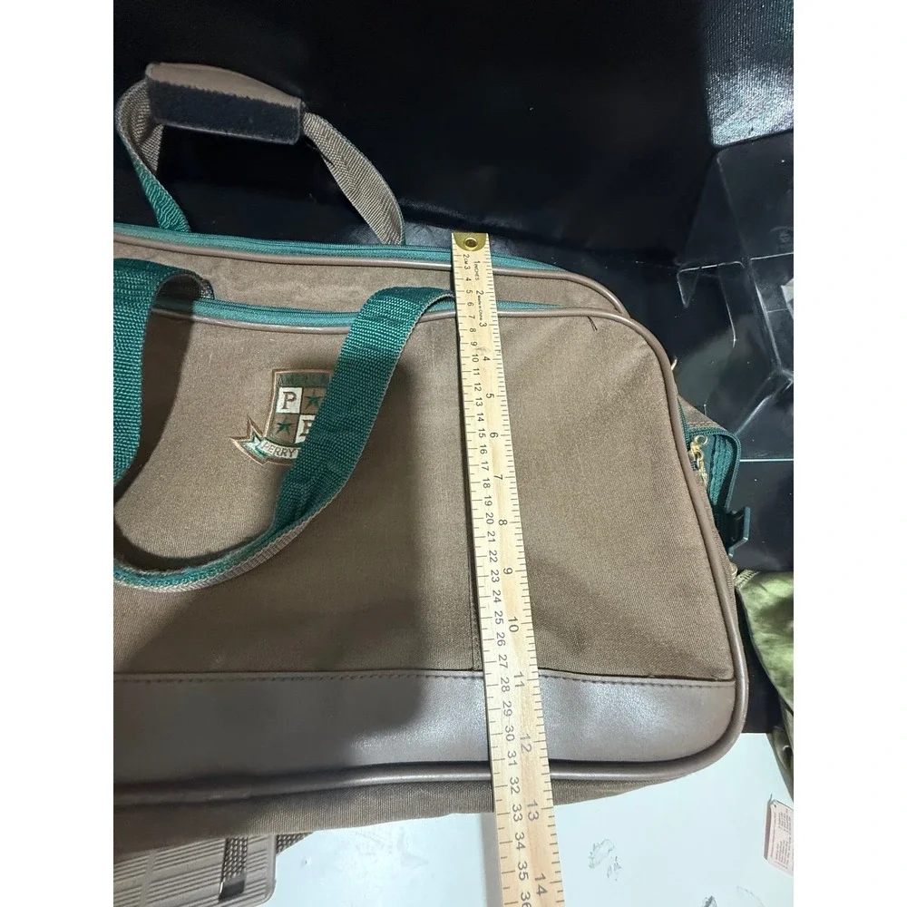 Perry Ellis America Vintage Duffle Bag Tan Green Canvas Travel Weekender Crest